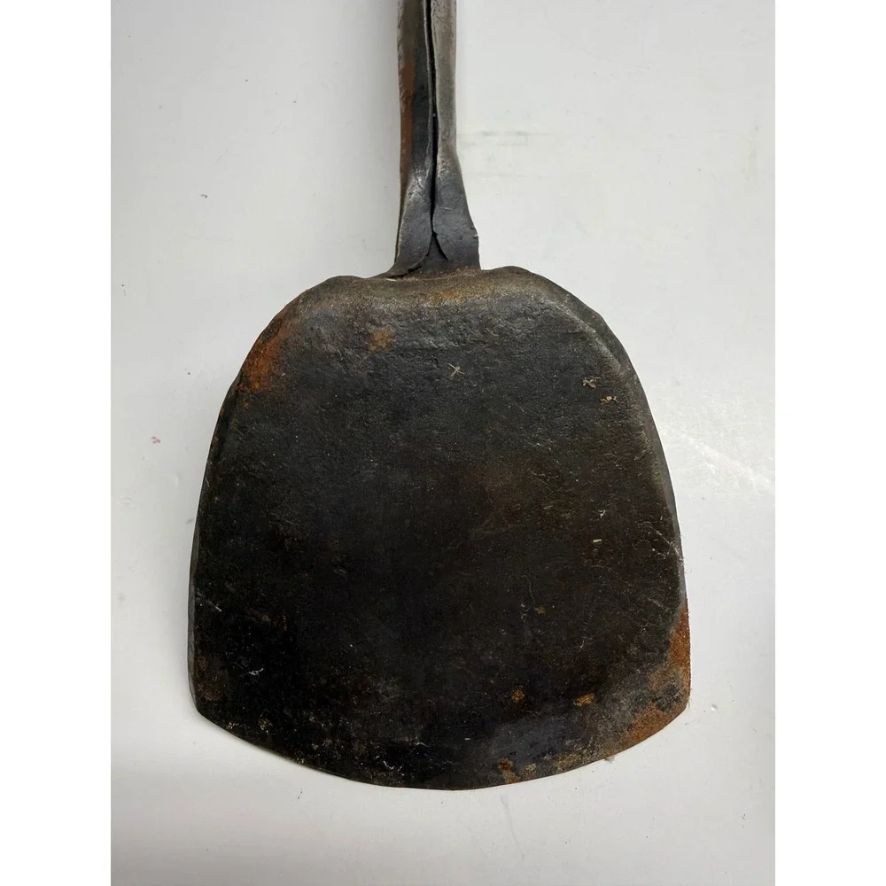 Antique Hand Forged Carbon Steel Wok Spatula and Ladle Set Wooden Handle Rustic